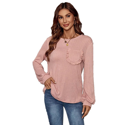 Damen Pullover Lässig Rüschendetails Taschen Beige