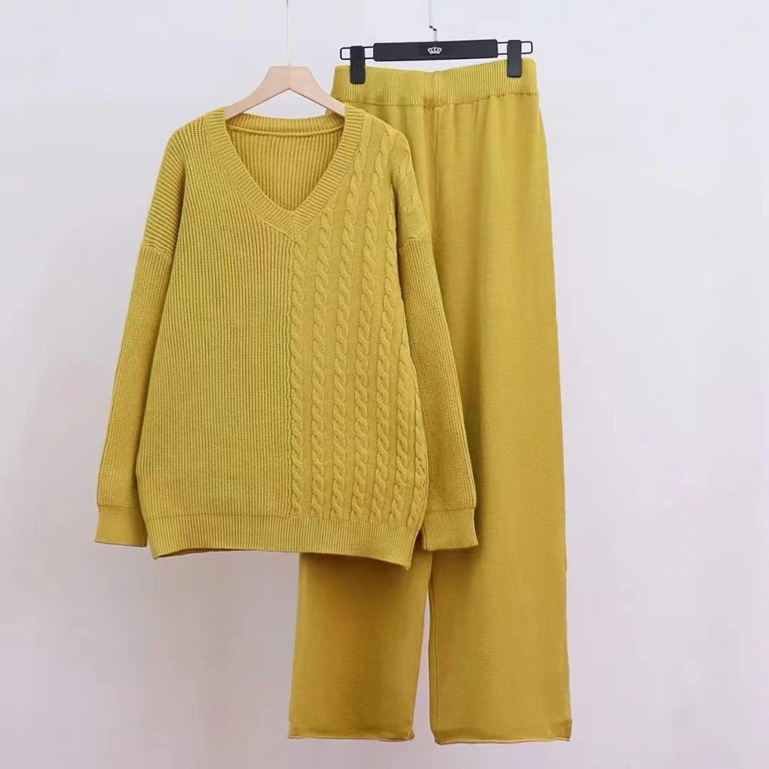 Damen Feinstrickpullover und weite Hose mit V-Ausschnitt und