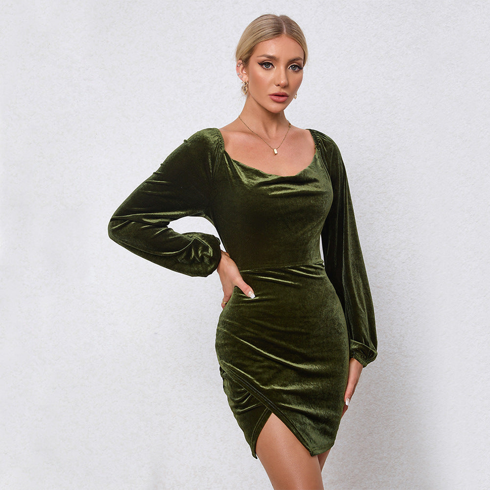 Damen Samt Minikleid mit Schlüsselausschnitt und Puffärmeln