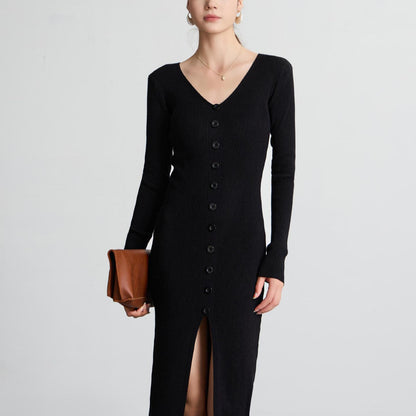 Damen Langarm Strickkleid V-Ausschnitt Knopfleiste Norvielle