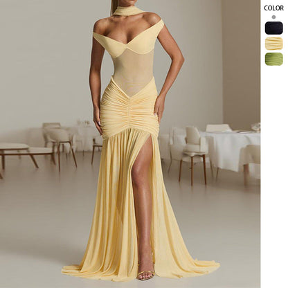 Damen Maxikleid Schulterfrei Raffung Norvielle - Norvielle