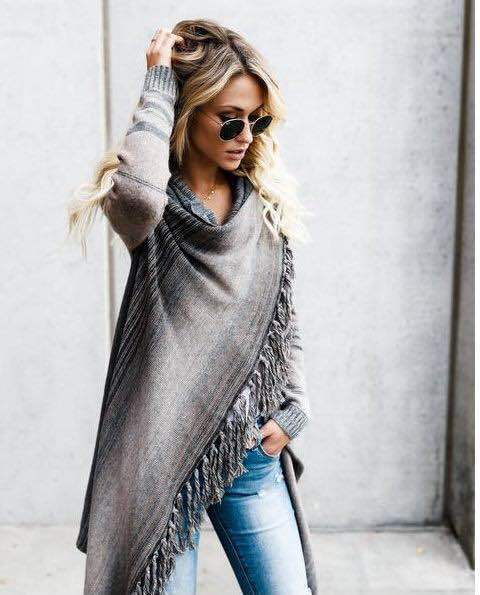Damen Poncho mit Fransen Gemütlich Norvielle