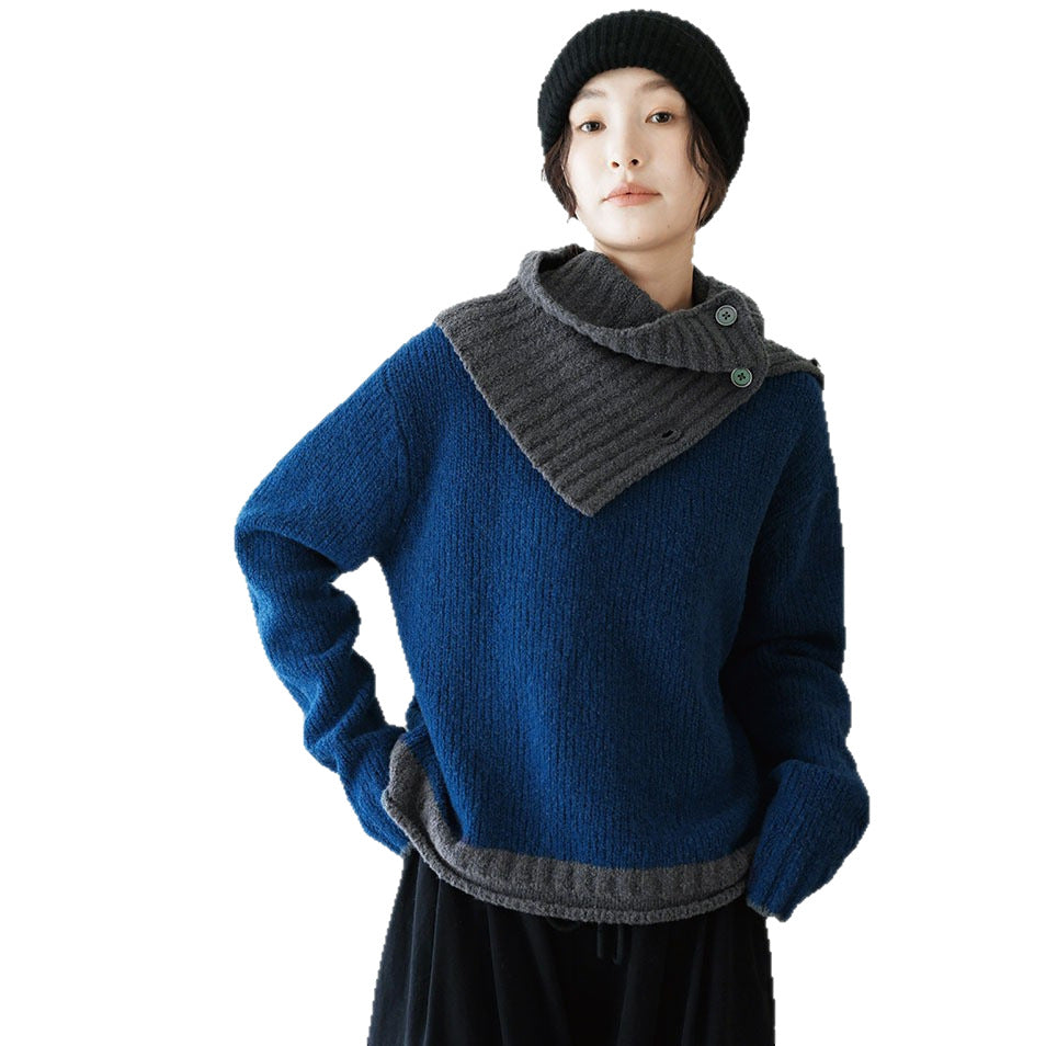 Damen Pullover Grobgestrickt Asymmetrischer Kragen Beige