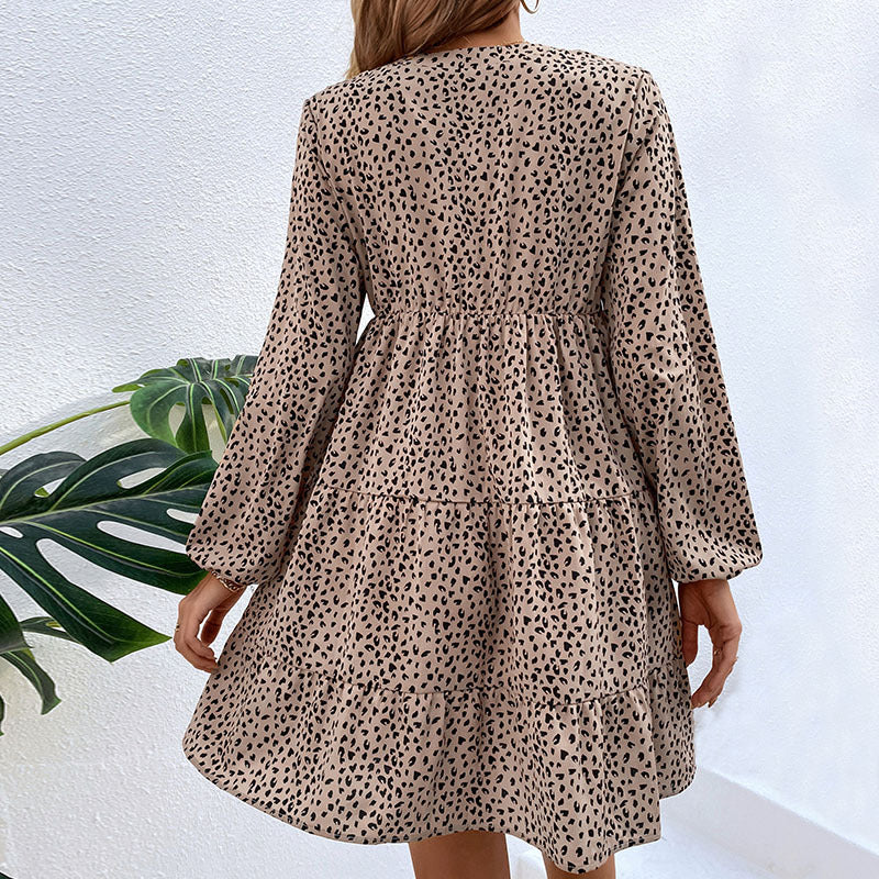 Damen Tiermuster Kleid Elastischer Bund Vorderer Knopfleiste