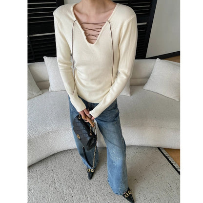 Damen Langarmshirt Schnürdesign Baumwolle Weiß