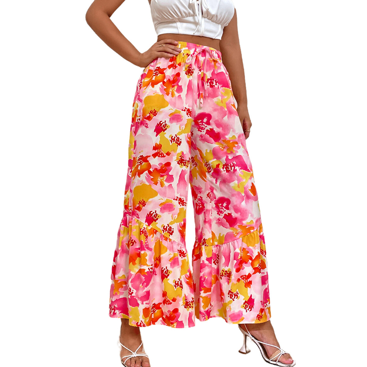 Damen Palazzo-Hose bunt Blumenmuster Rüschendetails