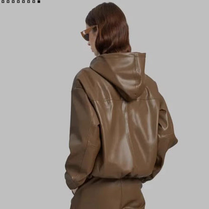 Damen Lederjacke mit Kapuze Kunstleder