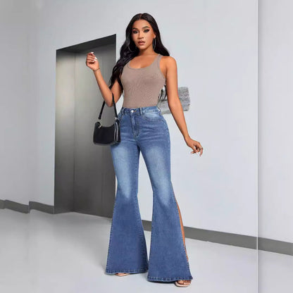 Damen High-Waist Flare Jeans mit Schlitzen Norvielle