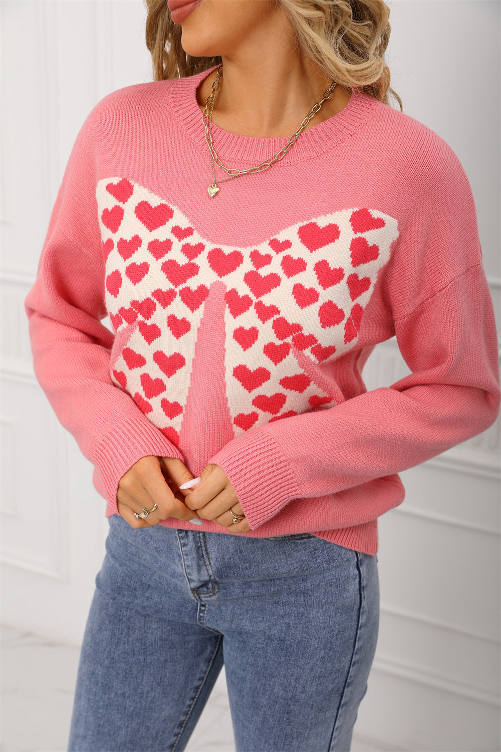Damen Pullover Herzmotiv Weite Ärmel Norvielle