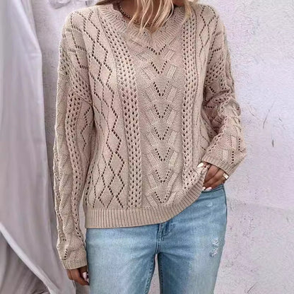 Damen Strickpullover V-Ausschnitt Netzstruktur Norvielle
