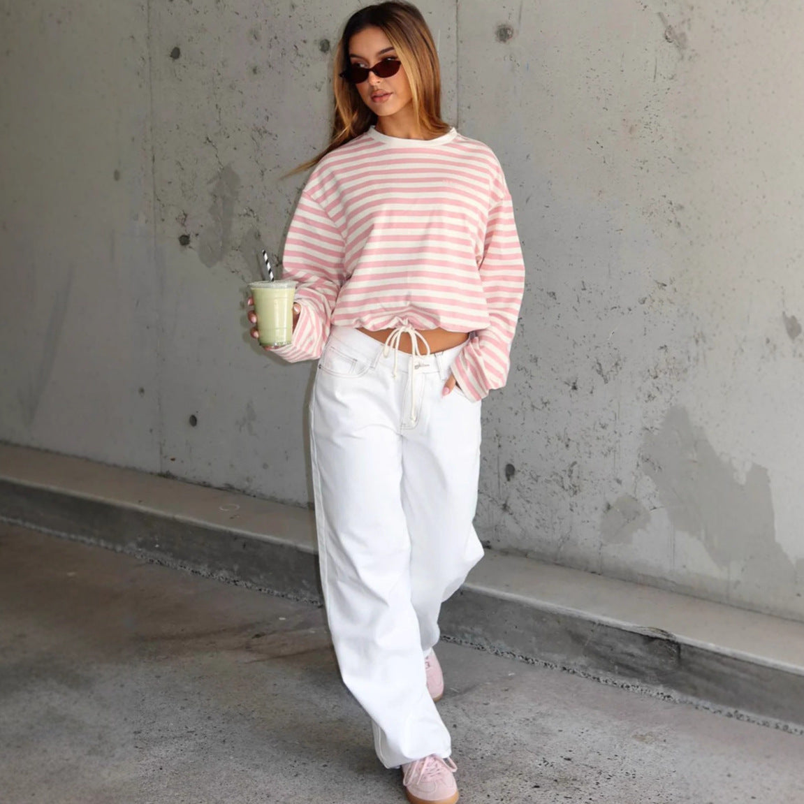 Damen Cropped Sweatshirt Streifen Elastisch Grau