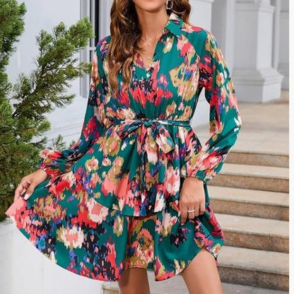 Damen Blusenkleid Floralmuster Bindegürtel Norvielle