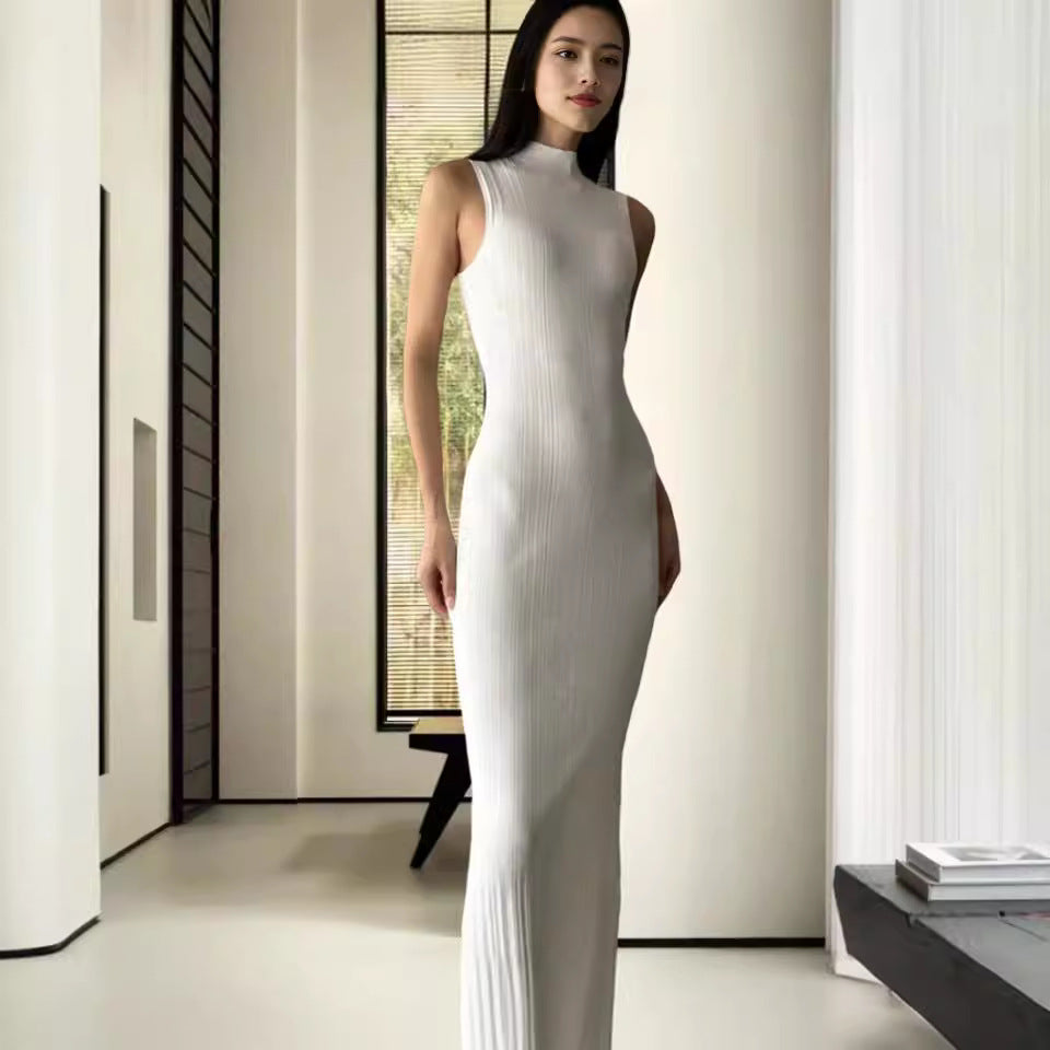 Damen Maxikleid Hohler Kragen Rippmuster Elegant