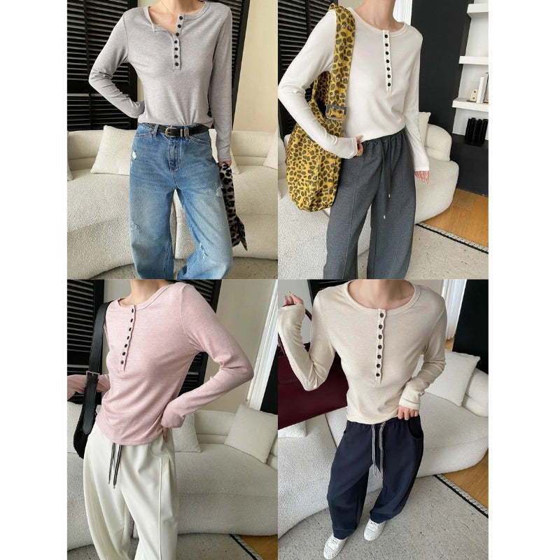 Damen Langarmshirt mit Knopfleiste Bequem Norvielle