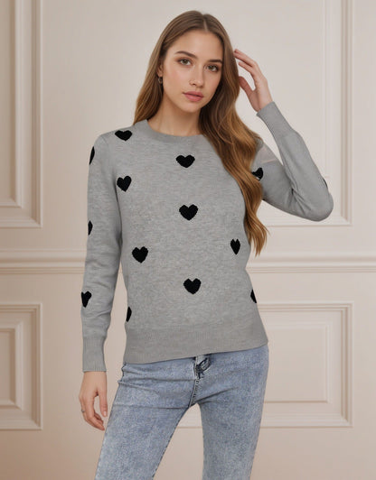 Damen Strickpullover Herz-Design Feinweiß