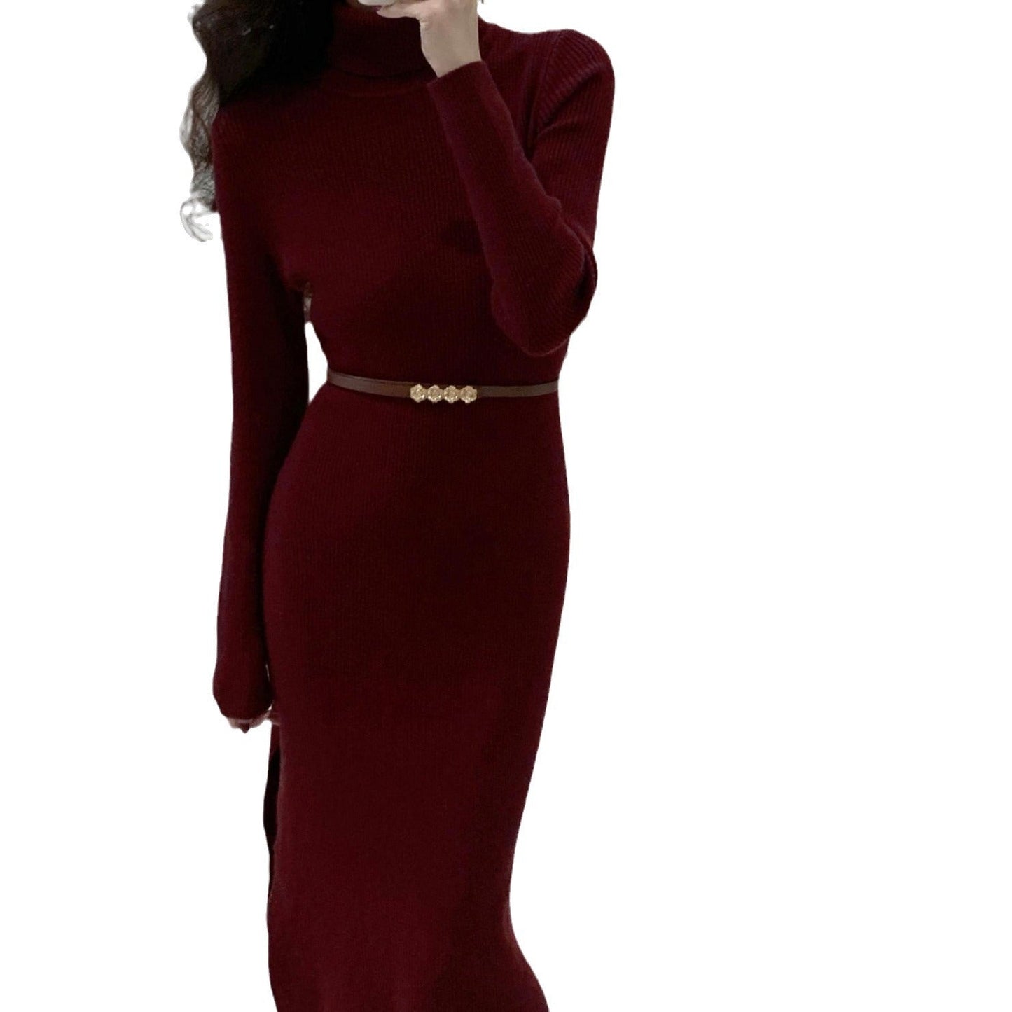 Damen Strickkleid Hochkragen Seitenschlitz Norvielle
