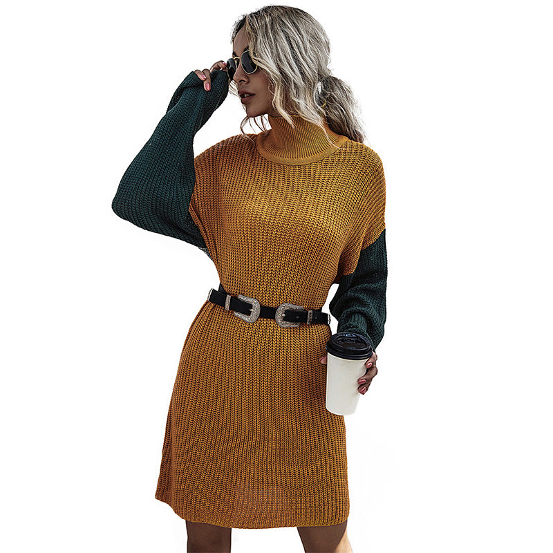 Damen Strickkleid Hochkragen Kontrastärmel Norvielle
