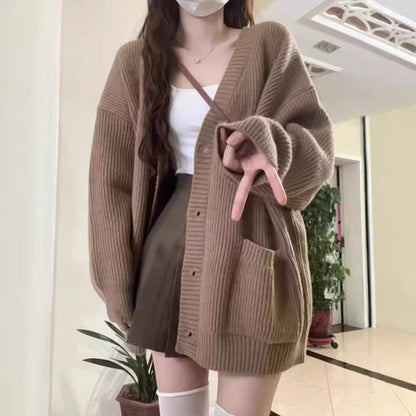Damen Strickcardigan Elegantes Design Offene Taschen Beige