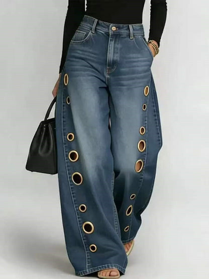 Damen Weite Jeans Dekorative Ösen Hoher Bund Norvielle