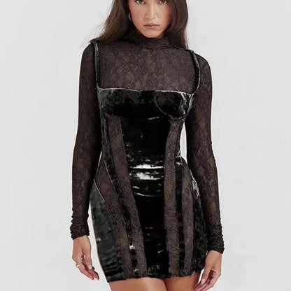 Damen Minikleid Spitze Samt Detail Figurbetont