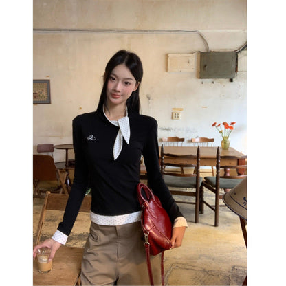 Damen Langarmshirt Eleganter Kragen Gemustert Norvielle - Norvielle