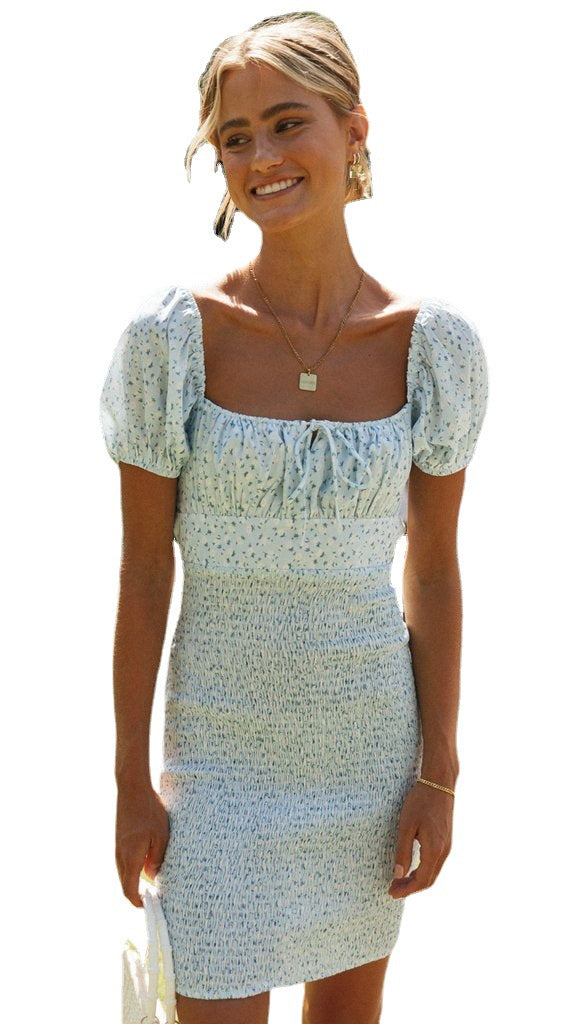 Damen Minikleid Puffärmel Raffung