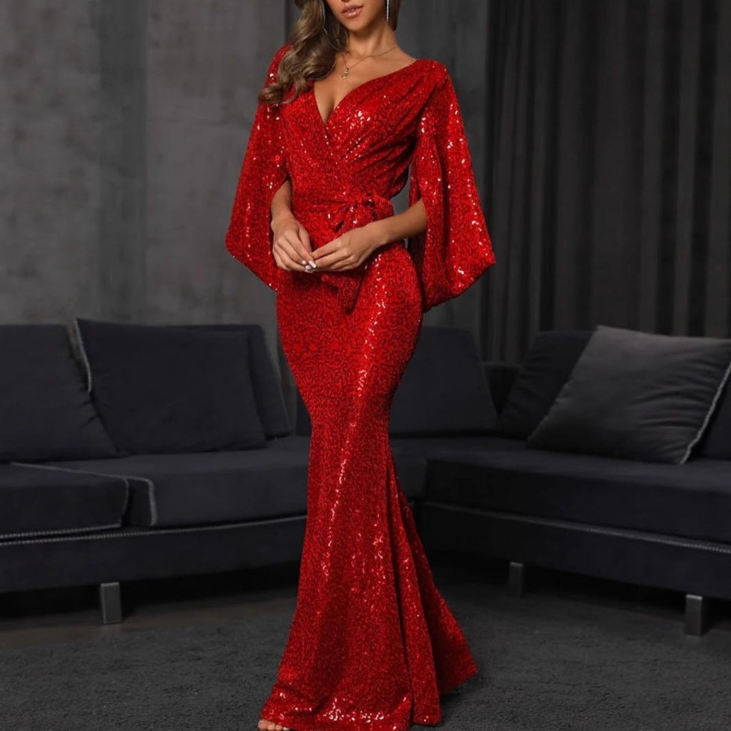 Damen Pailletten Mermaid-Kleid V-Ausschnitt Voluminöse Ärmel Norvielle