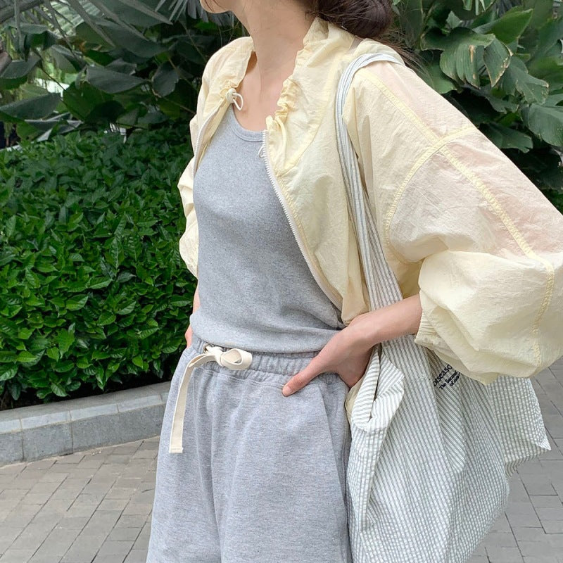 Damen Sommerjacke Leicht Rüschendetails Beige