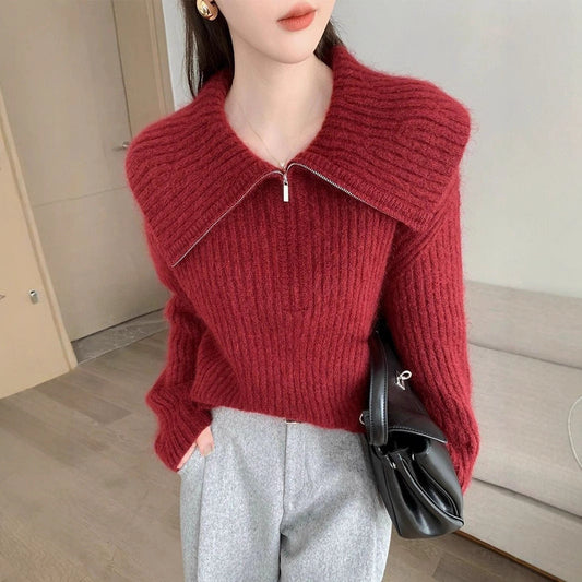 Damen Strickpullover Großer Kragen Reißverschluss Norvielle - Norvielle