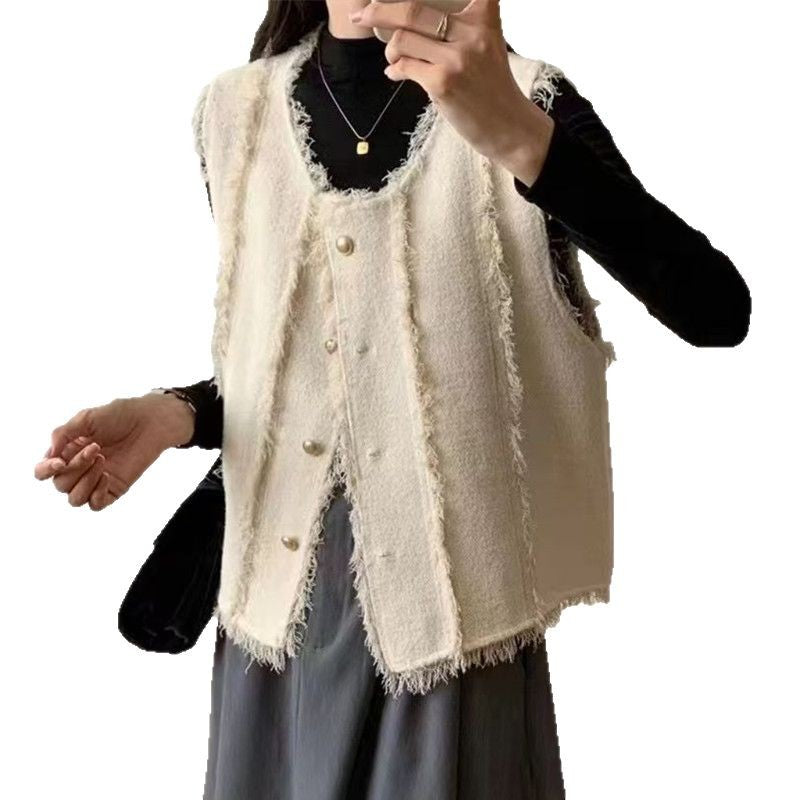 Damen Strickweste Stufenlos Mit Knöpfen und Fransen Beige