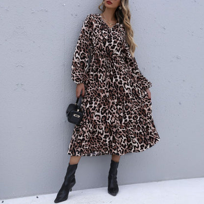 Damen Wickelkleid Leoprint Rüschen Midi Schwarz - Norvielle