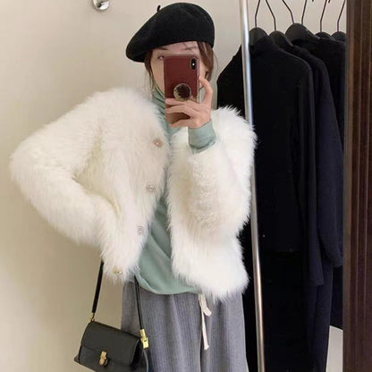 Damen Kurzjacke Flauschig Knopfdesign