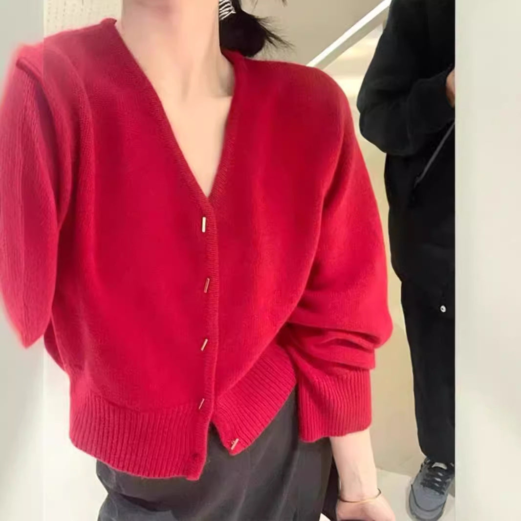 Damen Strickjacke V-Ausschnitt Elegante Knöpfe Norvielle