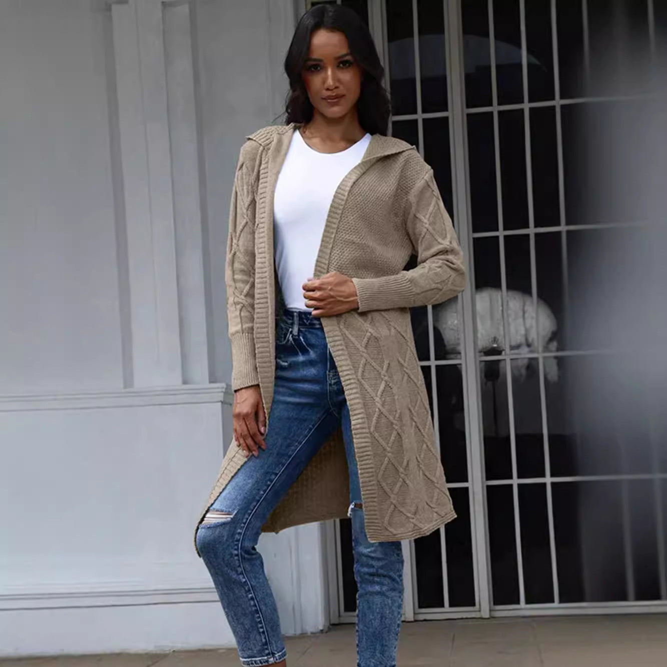 Damen Strickjacke Kapuze Zopfmuster Norvielle