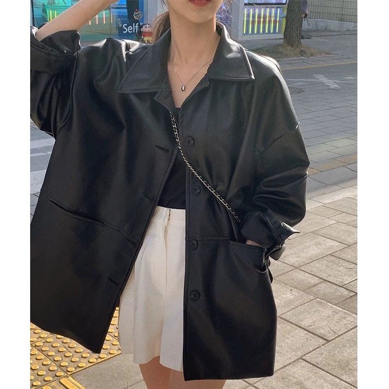 Damen Lederjacke Oversized Klassischer Kragen Norvielle