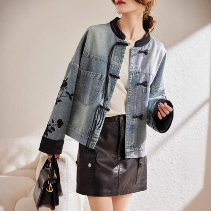 Damen Denimjacke mit Stickereien Bündchen Blumenmuster