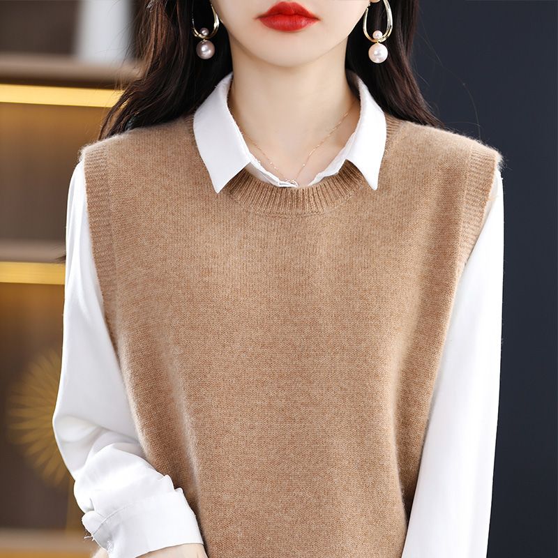 Damen Strickweste Leicht Rundhalsausschnitt Beige