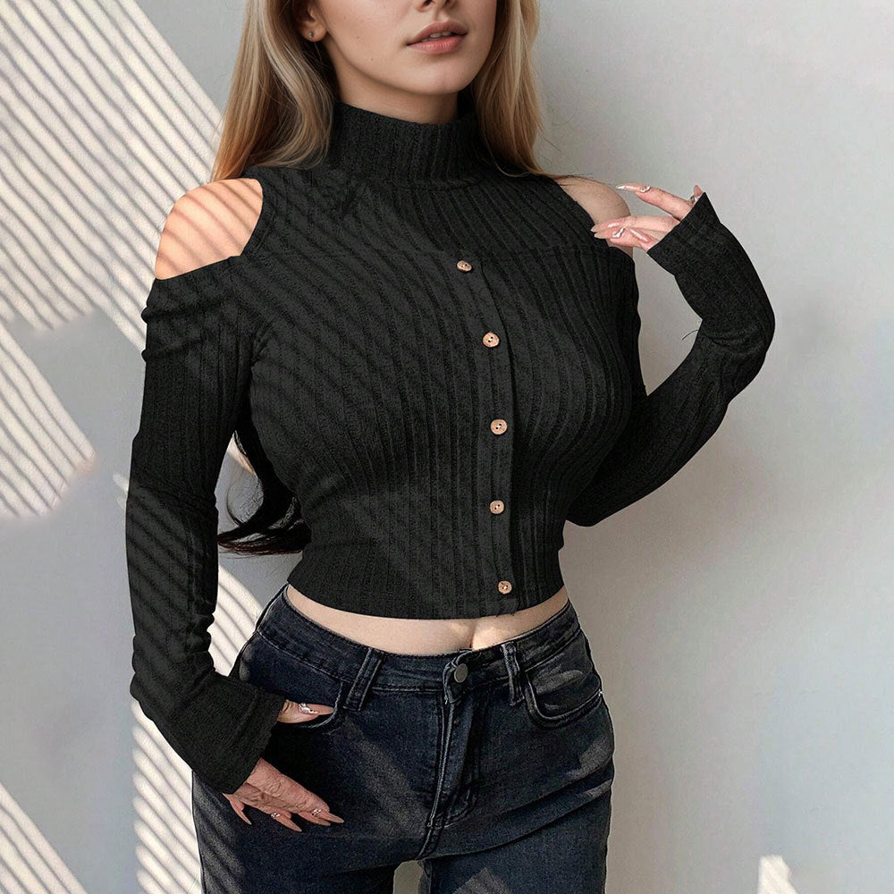 Damen Cropped Pullover Langarm Schulterfrei Knopfverschluss Norvielle - Norvielle