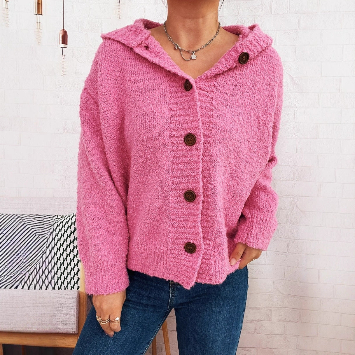 Damen Strickjacke Kapuze Knöpfe Norvielle
