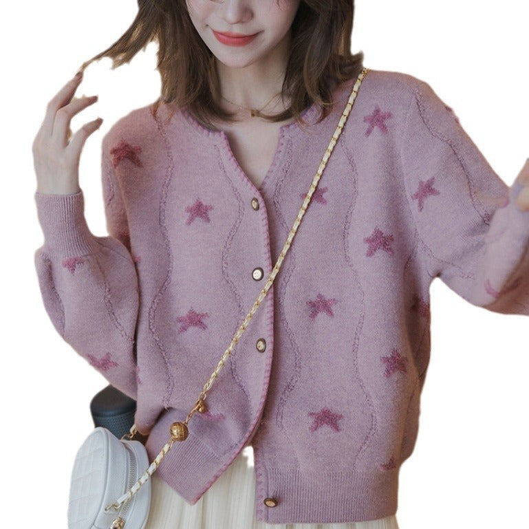 Damen Strickjacke Floralmuster Knöpfe Beige