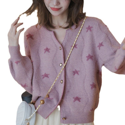 Damen Strickjacke Floralmuster Knöpfe Beige