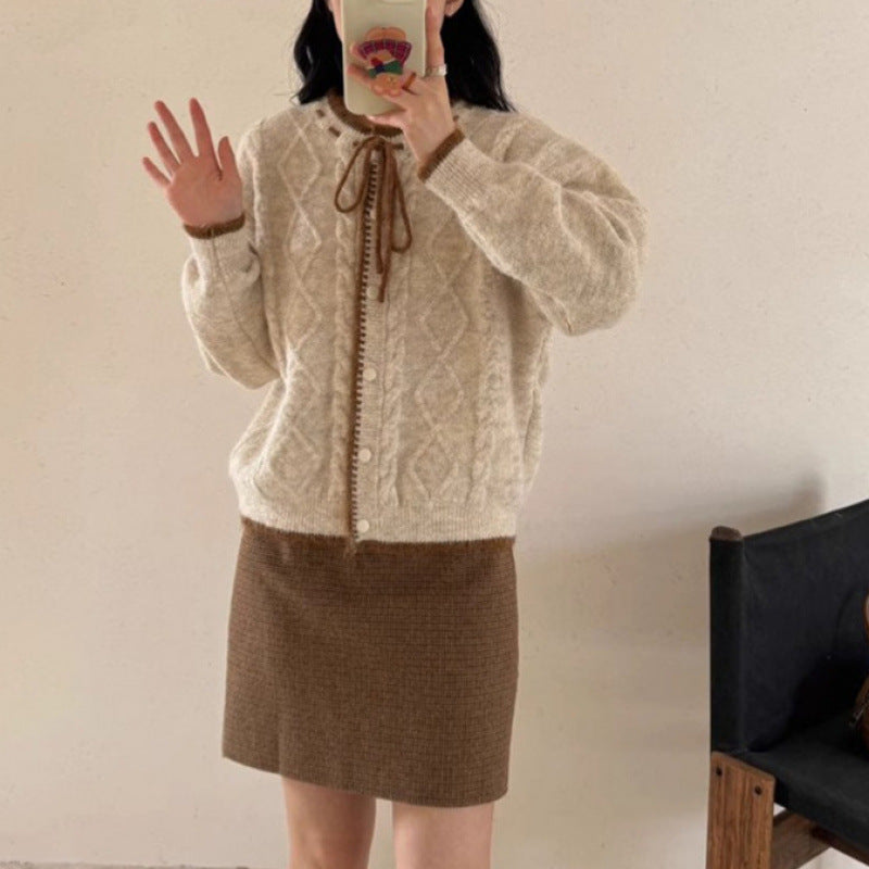 Damen Strickjacke Kuschelig Zopfstrick Beige