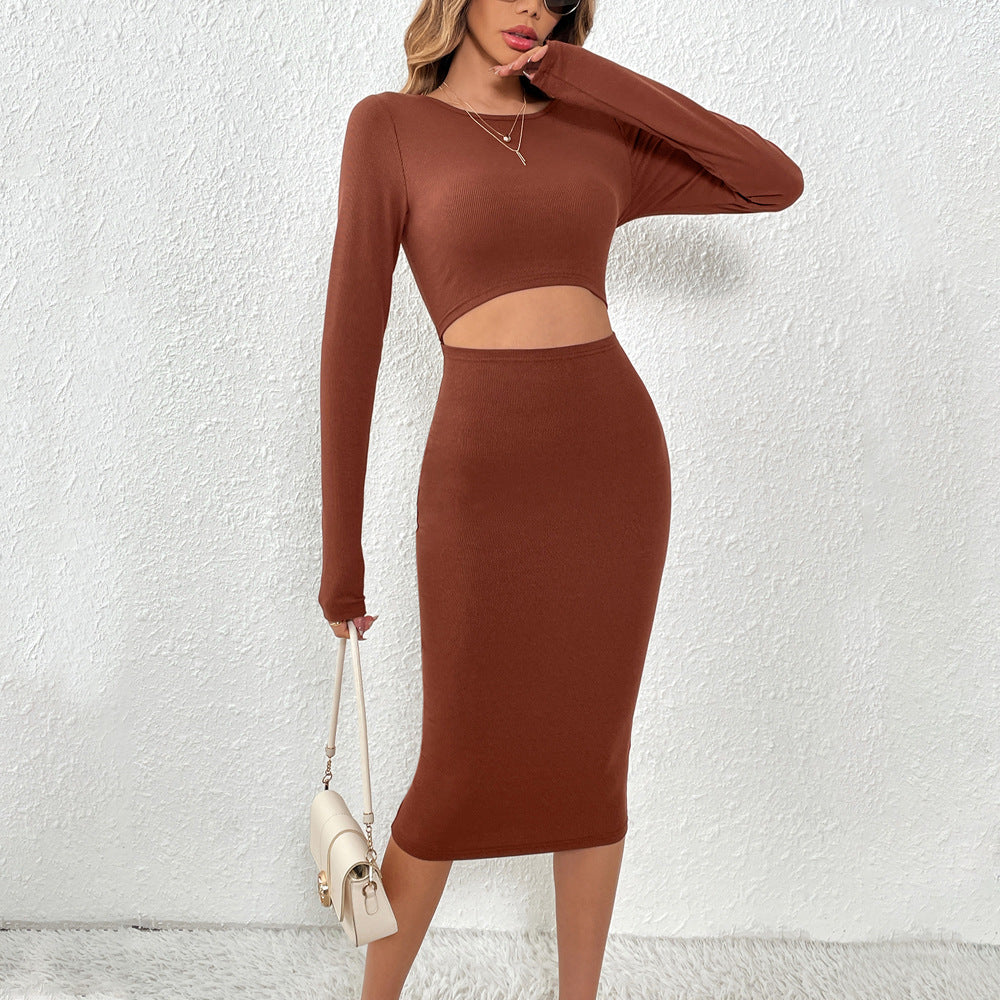 Damen Midi-Kleid Figurbetont Cut-Out-Details Länge Mit langen Ärmeln