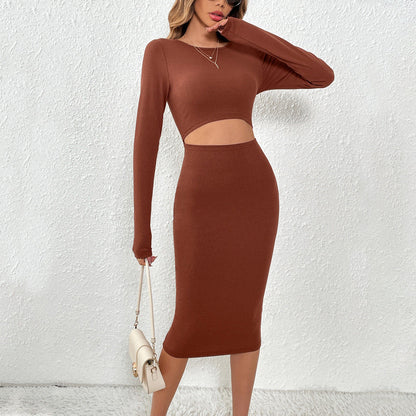 Damen Midi-Kleid Figurbetont Cut-Out-Details Länge Mit langen Ärmeln