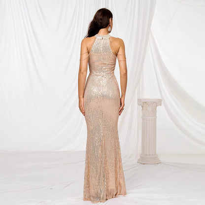 Damen Abendkleid Langarm Pailletten Hochkragen