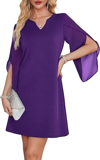 Damen V-Ausschnitt Kleid Durchsichtige Ärmel Norvielle