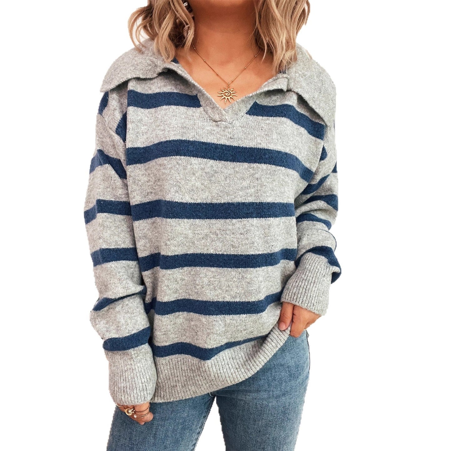 Damen Strickpullover V-Ausschnitt Streifenmuster Norvielle