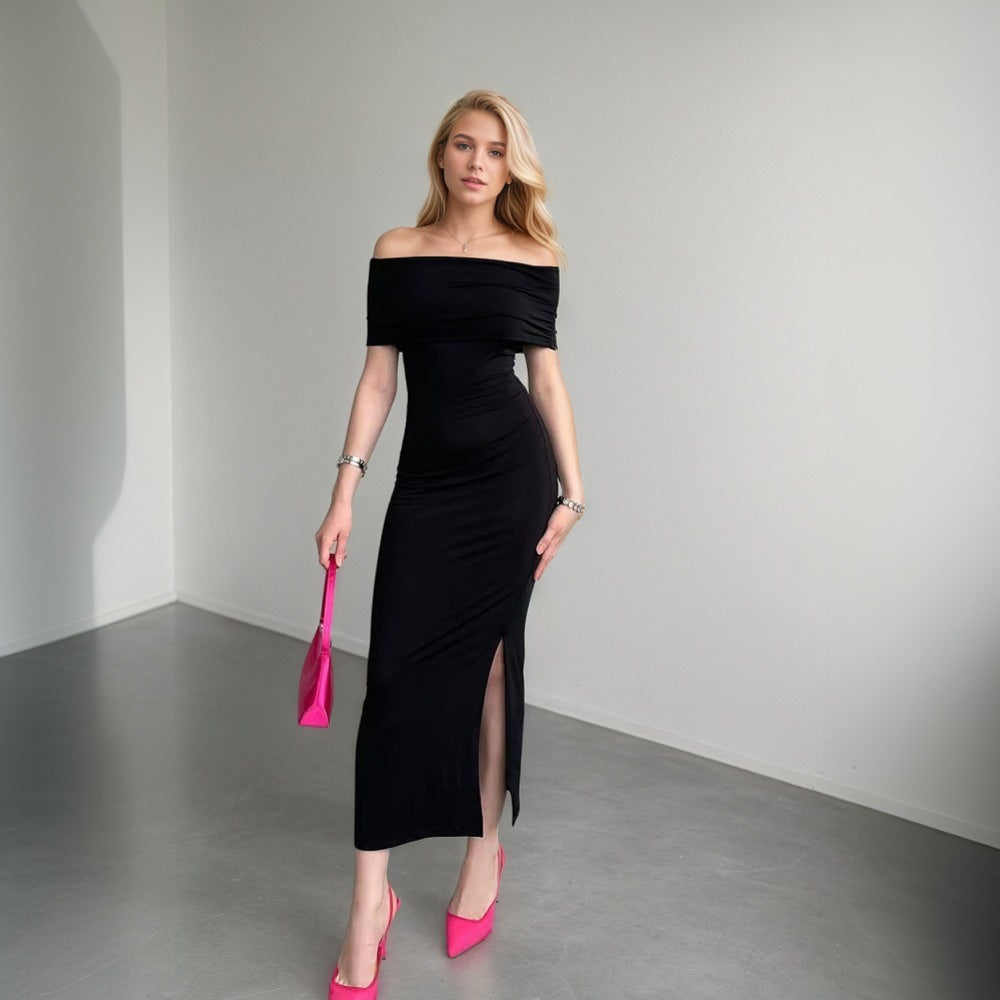 Damen Maxikleid Schulterfrei mit Schlitz Schwarz - Norvielle