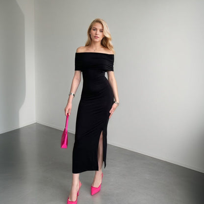 Damen Maxikleid Schulterfrei mit Schlitz Schwarz - Norvielle