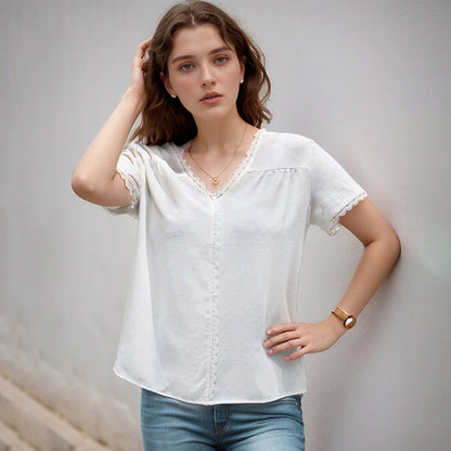 Damen Blusenshirt mit Spitzenakzent V-Ausschnitt Norvielle